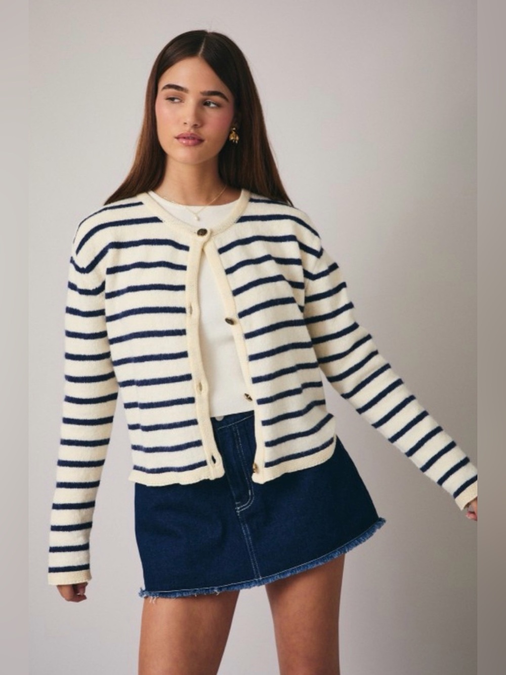 Cream and Navy Striped Button-Front Cardigan